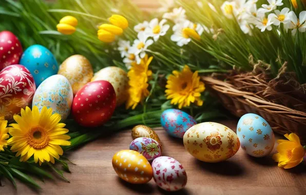 Картинка цветы, яйца, весна, colorful, Пасха, happy, flowers, spring