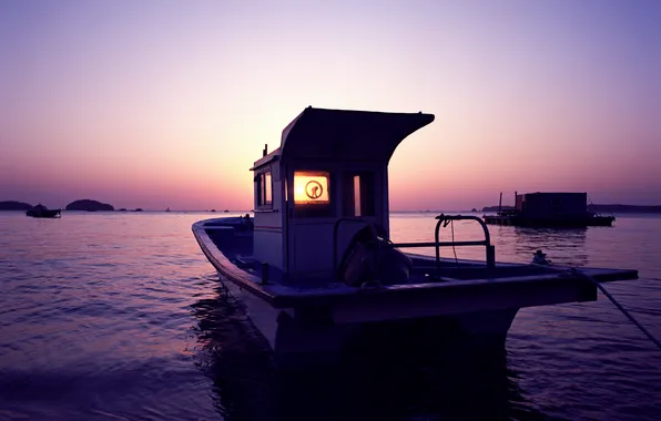 Картинка море, фиолетовый, закат, лодка, boat