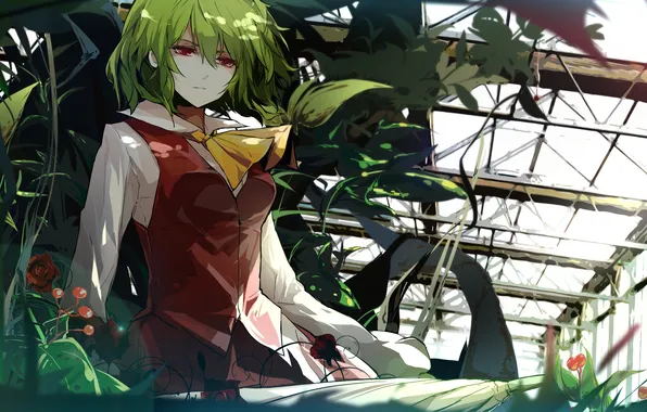 Картинка девушка, цветы, теплица, растения, зонт, красные глаза, зеленые волосы, touhou