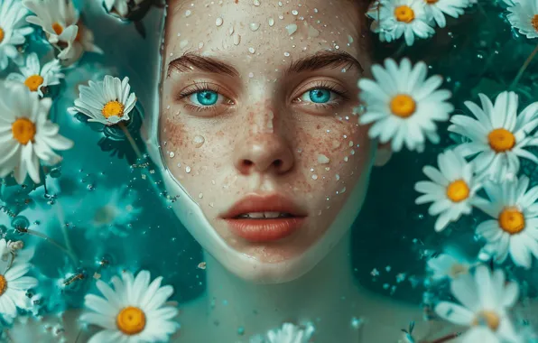 Лето, взгляд, вода, девушка, капли, цветы, лицо, портрет