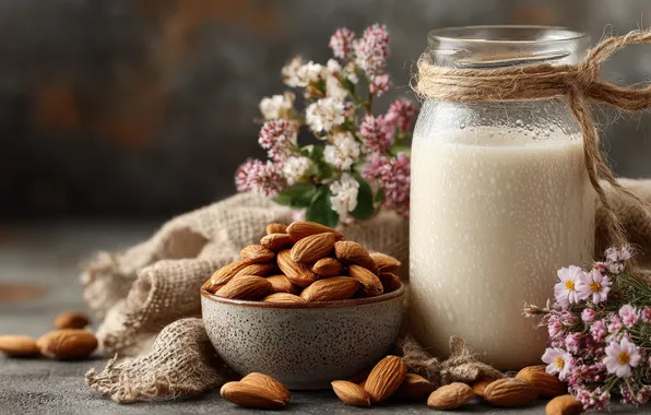 Цветы, стол, букет, молоко, банка, миска, орехи, россыпь