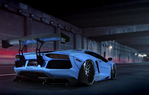 Lamborghini, Blue, Spoiler, Rear View