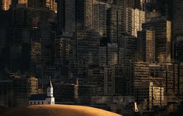 Дома, Город, Церковь, Здания, City, Холм, Фантастика, Town