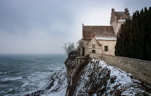 Sea, ocean, seascape, winter, snow, fog, mist, Denmark