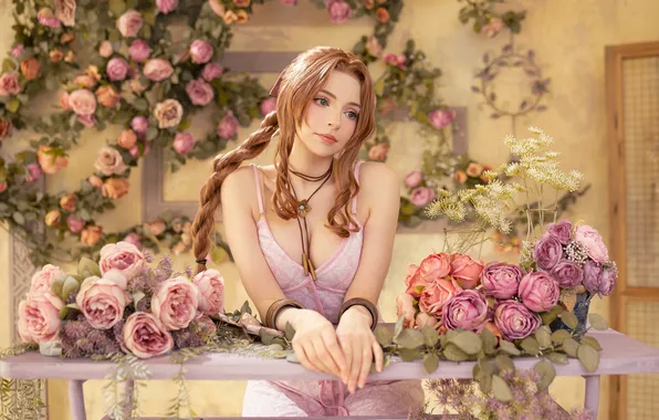 Final Fantasy, cleavage, flowers, model, women, cosplay, table, video games