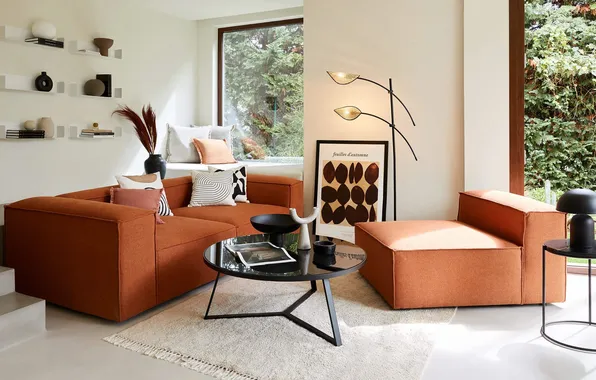 Стиль, комната, вилла, интерьер, кресло, гостиная, living room, модульный терракотовый канапе