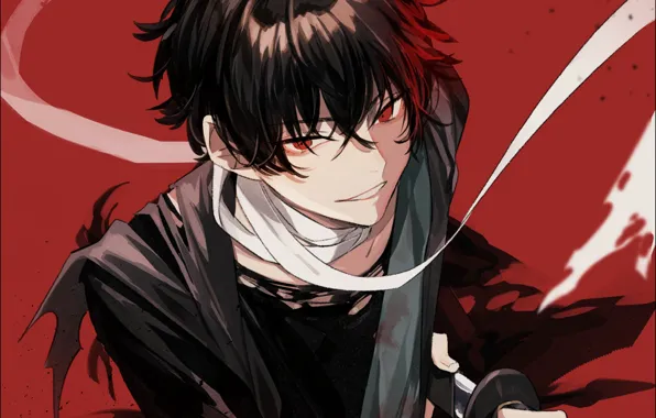 Взгляд, улыбка, парень, брюнет, бинты, Touken Ranbu, Танец Мечей