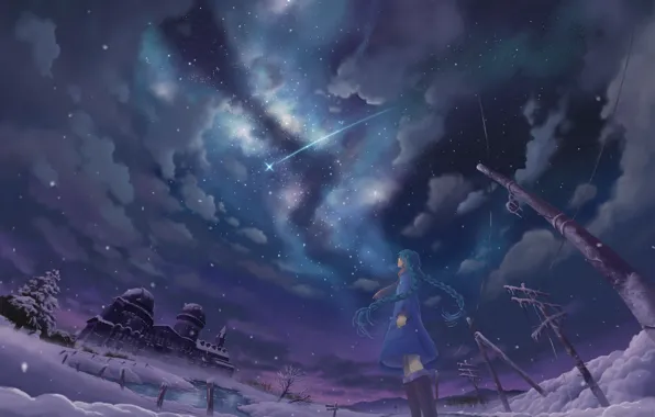 Картинка зима, небо, девушка, звезды, облака, ночь, столбы, провода