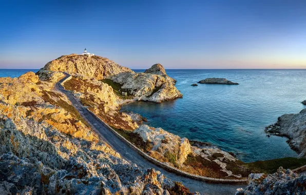 Картинка road, sea, water, stones, lighthouse