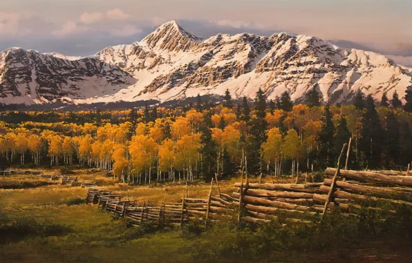 Картинка осень, лес, снег, горы, забор, березы, живопись, Bruce Cheever