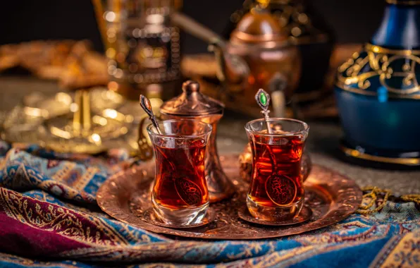 Фон, узор, чай, чайник, чаепитие, посуда, ткань, стаканы