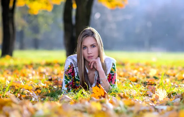 Осень, взгляд, девушка, листва, волосы, боке