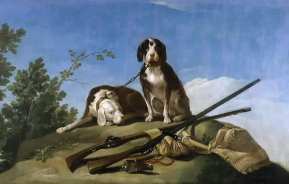 Картинка картина, охота, ружье, Франсиско Гойя, Собаки на Поводке