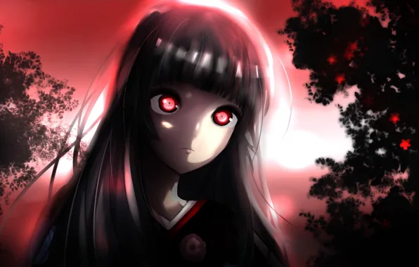 Anime, night, red eyes, brunette, evil, hell, kimono, bishojo