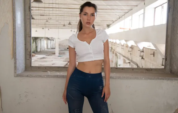 Hot girl, brown hair, model, sexy woman, photoshoot, posing, white top, tights