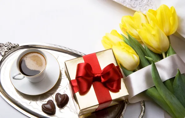 Картинка подарок, романтика, кофе, конфеты, тюльпаны, love, romantic, Valentine's Day