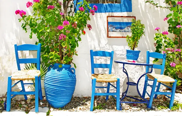 Город, blue, Greece, chairs