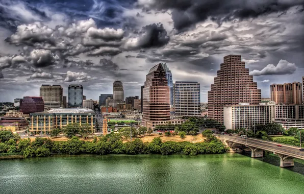 Картинка Небо, Мост, Город, Река, USA, Austin, Texas