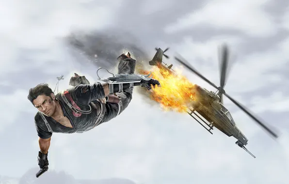 Картинка взрыв, огонь, прыжок, падение, вертолет, мужчина, крестик, Just Cause 2