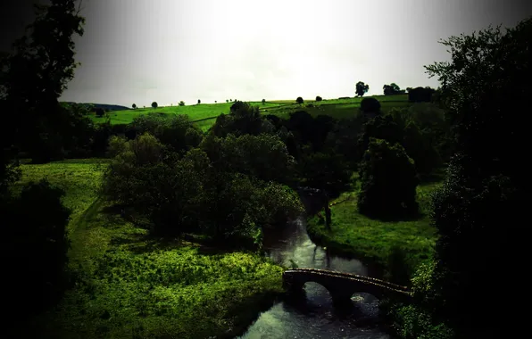 Картинка зелень, лес, пейзаж, мост, река