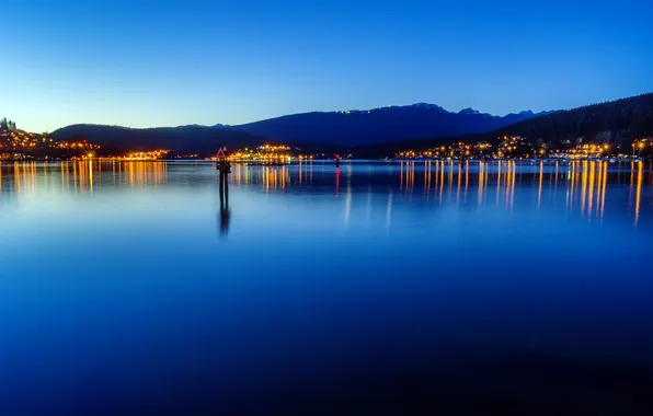 Горы, ночь, озеро, отражение, сумерки, British Columbia, Port Moody