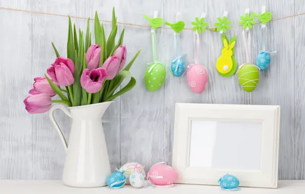 Картинка Пасха, тюльпаны, розовые, pink, tulips, spring, Easter, eggs