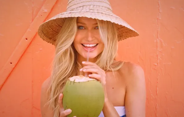 Girl, beach, hat, smile, model, blonde, pose, coconut