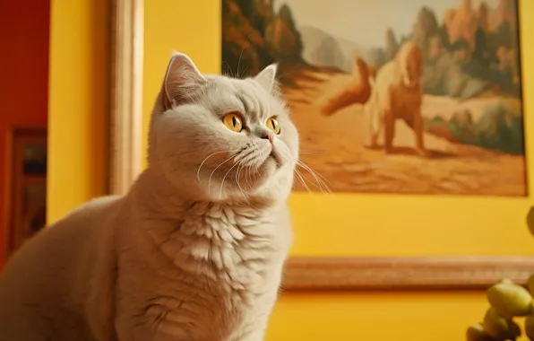 Кошка, кот, взгляд, поза, серый, стена, картина, мордашка