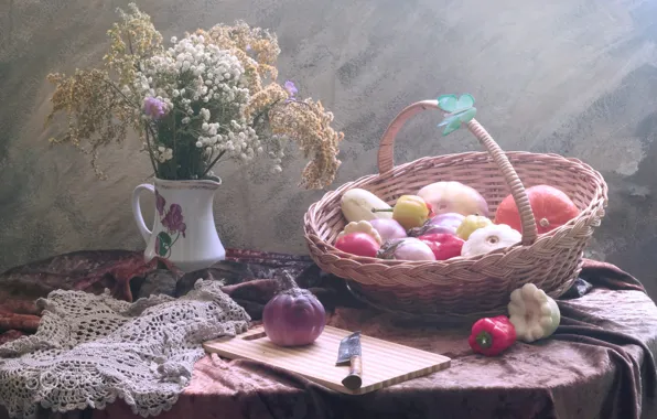 Цветы, букет, тыквы, натюрморт, корзинка, овощи, предметы, композиция