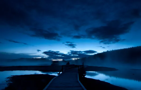 Картинка небо, вода, пейзаж, ночь, синий, мост