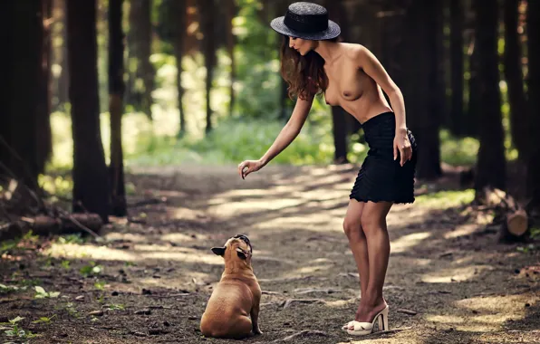Forest, hat, boobs, breast, sexy girl, tits, frenchie, french bulldog