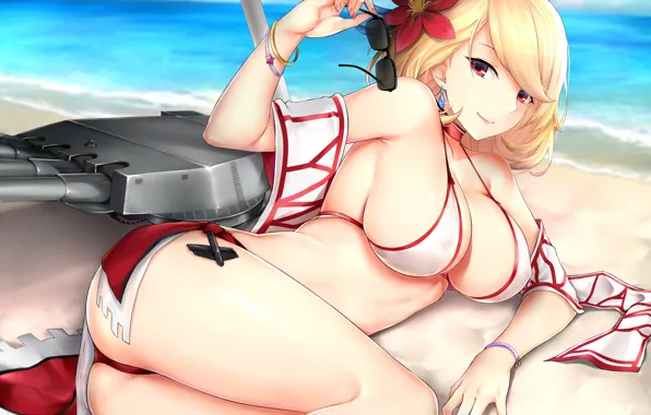 Girl, sexy, ass, cleavage, beach, sea, boobs, anime