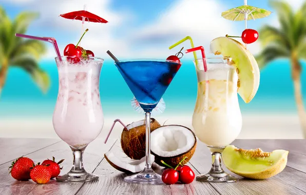 Картинка summer, beach, drink, cocktail, fruits, palms, tropical