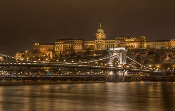 Картинка ночь, мост, река, парламент, Венгрия, Будапешт