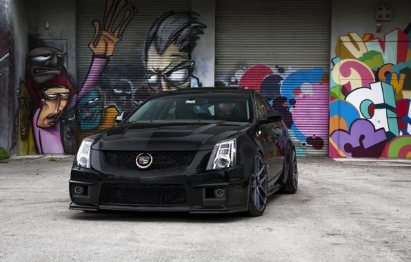 Картинка чёрный, Cadillac, перед, графити, black, CTS-V, кадилак