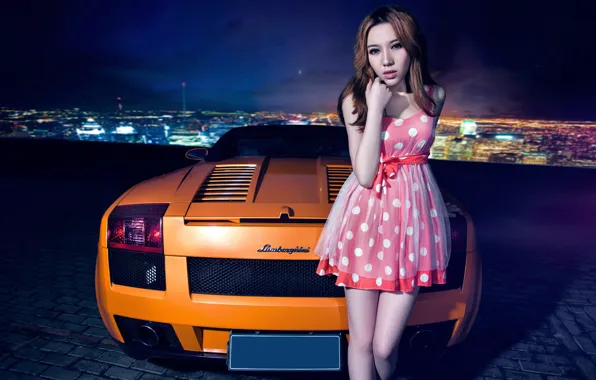 Авто, взгляд, Девушки, Lamborghini, азиатка, красивая девушка, оперлась на машину