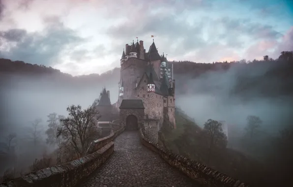 Картинка Туман, Германия, Germany, Eltz Castle, Замок Эльц, Wierschem, medieval castle, Средневековый замок