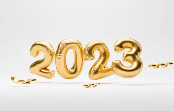 Цифры, Новый год, светлый фон, золотые, дата, летят, надувные, 2023