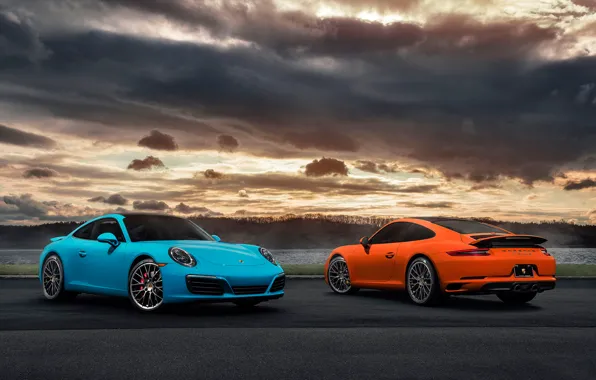 911, Porsche, Orange, Blue, Front, Carrera, Supercars, Rear
