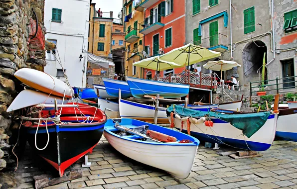 Картинка улица, побережье, вилла, лодки, Италия, домики, Riomaggiore, travel
