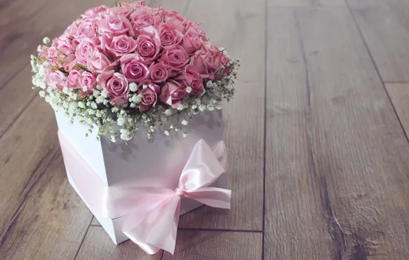 Цветы, коробка, подарок, розы, букет, лента, розовые, flower