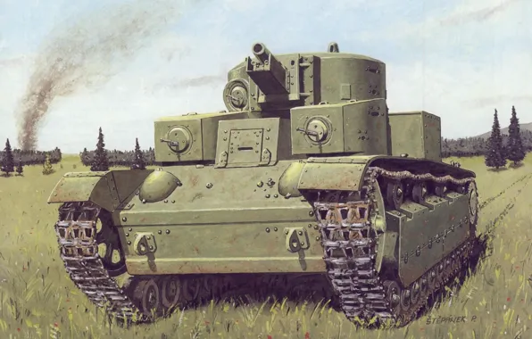 Картинка поле, рисунок, след, арт, танк, советский, средний, Т-28