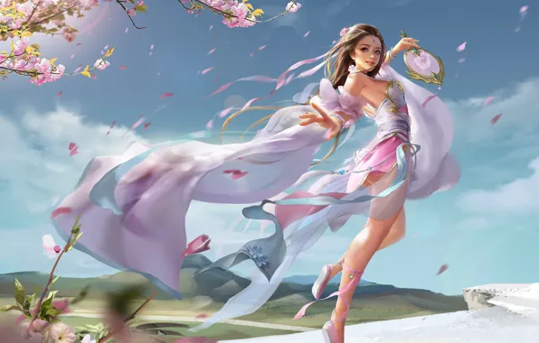 Картинка девушка, цветы, фентези, настроение, ветер, танец, весна, аниме