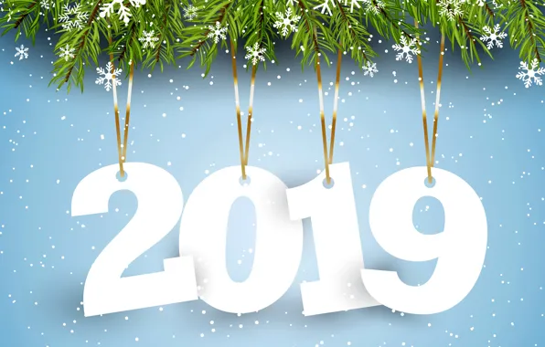 Новый Год, цифры, winter, background, New Year, snowflakes, Happy, 2019
