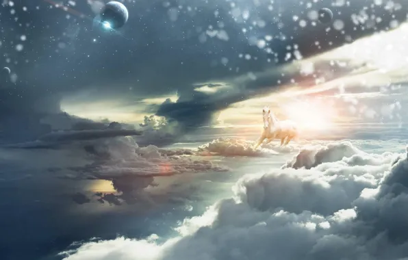 Небо, солнце, лошадь, планеты, Облака