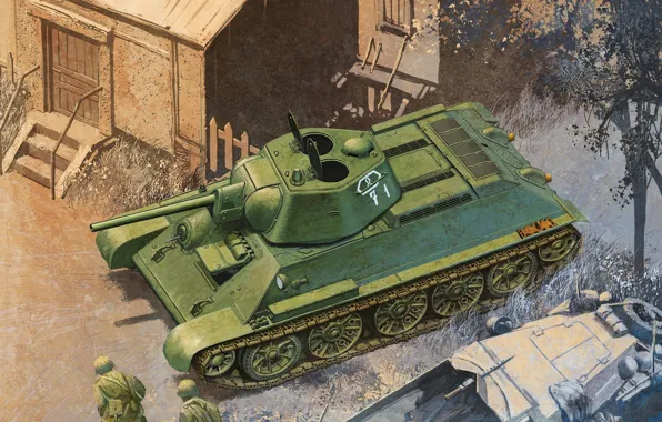 Рисунок, Танк, Советский, Т-34/76, Средний, 1942 года, 5 Ф-34, Тридцатьчетвёрка