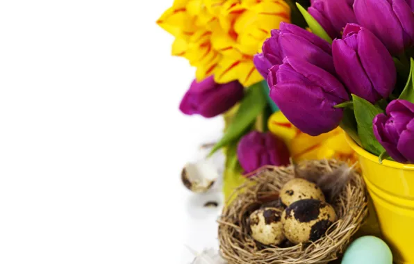 Картинка тюльпаны, flowers, tulips, purple, eggs, easter, bouquet