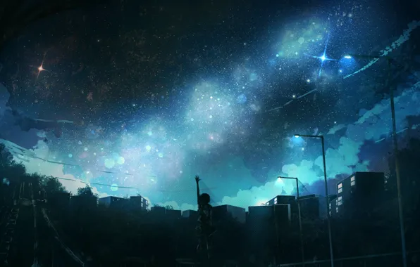 Картинка небо, девушка, ночь, город, anonamos