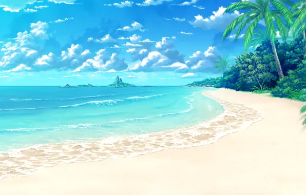 Картинка море, пляж, облака, тропики, пальмы, остров, арт