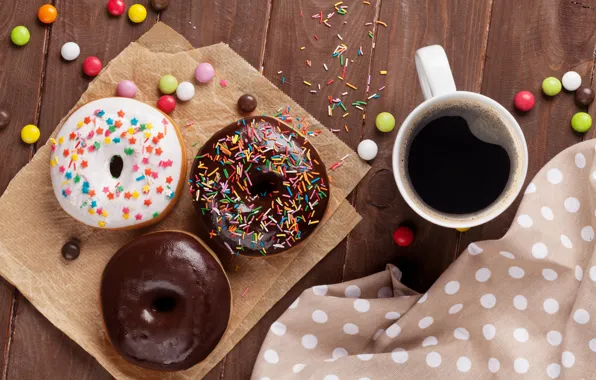 Кофе, пончики, cup, coffee, donuts